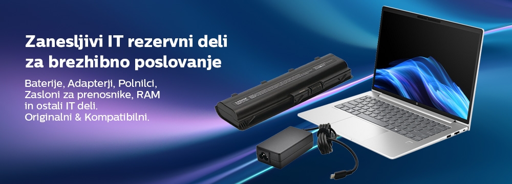 Baterije, adapterji, polnilci, zasloni za prenosnike, diski, rezervni deli in več