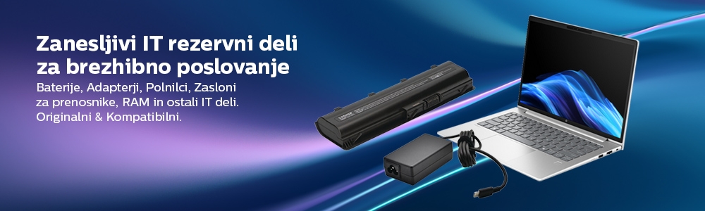 Baterije, adapterji, polnilci, zasloni za prenosnike, diski, rezervni deli in več
